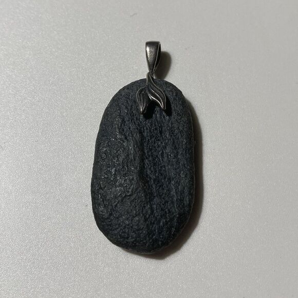 Black Lava Rock Oval Pendant With 925 Mermaid Tail Bail Sterling Silver 1.5 Inch - Picture 4 of 8